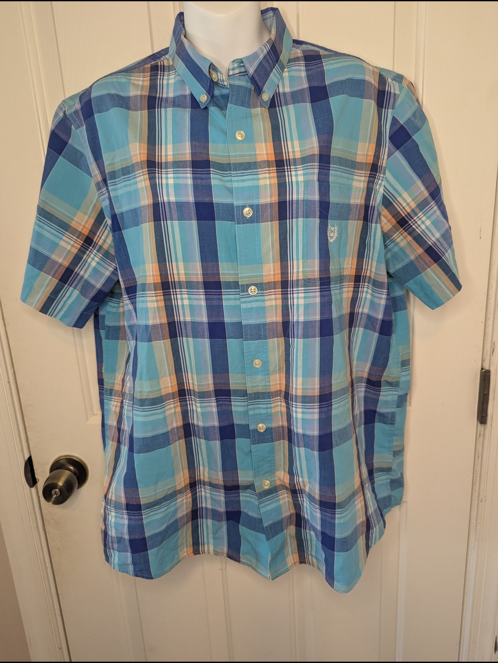 Chaps Easy Care Short Sleeve Button Up Colorful Plaid Mens Casual Size L